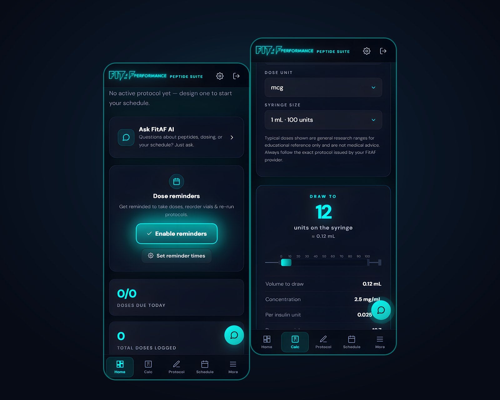 FitAF Peptide Suite app screens FitAF Performance